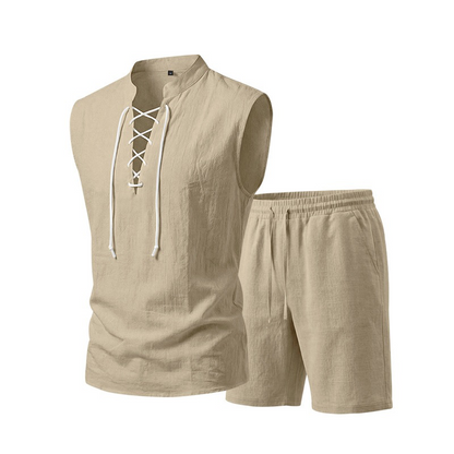 ⏳ 50% RABATT! Herren Leinen-Set: Ärmelloses Oberteil & Shorts mit Schnürung – Atmungsaktiv & stylisch für den Sommer 🌿👕