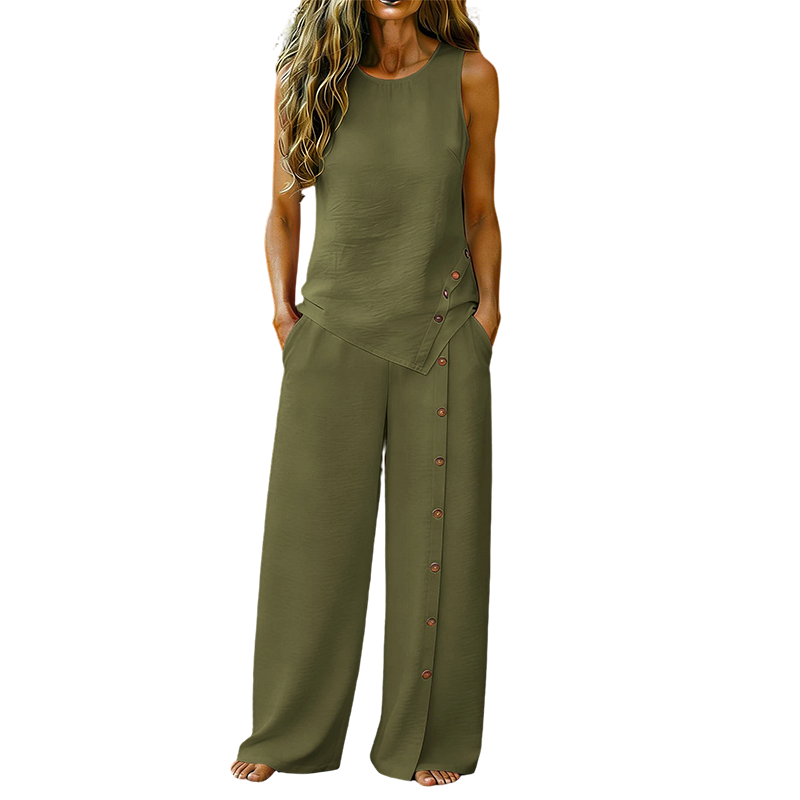👕 NUR FÜR BEGRENZTE ZEIT: 50 % RABATT! ✨ 2-teiliges Set für Damen – ärmelloses Oberteil, Hose mit weitem Bein, 8 Farben 🌿