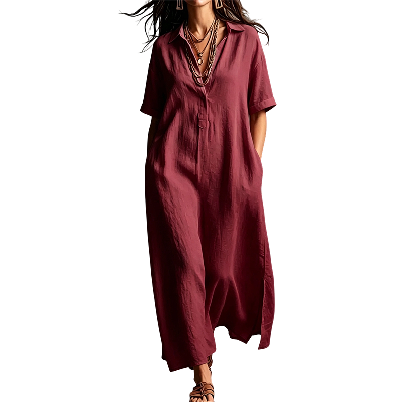🌺Damen elegantes Baumwoll-Leinen Kurzarm-Reverskleid