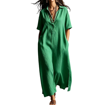 🌺Damen elegantes Baumwoll-Leinen Kurzarm-Reverskleid