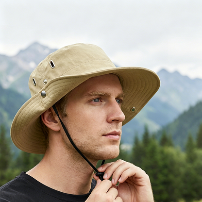 Outdoor-Sonnenhut mit breiter Krempe und Kinnriemen