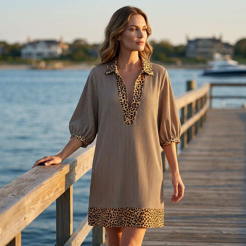 ✨🔥Tunika-Kleid für Damen mit Kragen, Streifenmuster und Leopardenbesatz