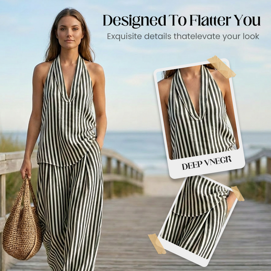 👗 NUR FÜR BEGRENZTE ZEIT: 40 % RABATT! ✨ Set aus gestreiftem Neckholder-Top und Hose – schick, luftig, perfekt für den Urlaub 🌊