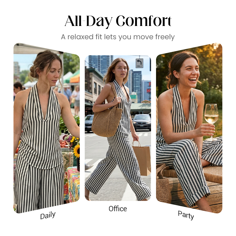 👗 NUR FÜR BEGRENZTE ZEIT: 40 % RABATT! ✨ Set aus gestreiftem Neckholder-Top und Hose – schick, luftig, perfekt für den Urlaub 🌊