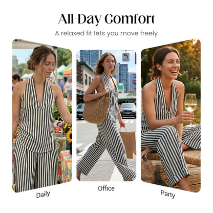 👗 NUR FÜR BEGRENZTE ZEIT: 40 % RABATT! ✨ Set aus gestreiftem Neckholder-Top und Hose – schick, luftig, perfekt für den Urlaub 🌊