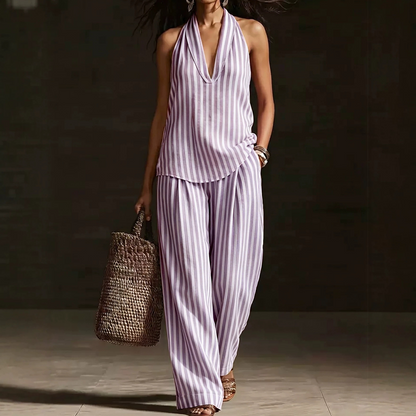 👗 NUR FÜR BEGRENZTE ZEIT: 40 % RABATT! ✨ Set aus gestreiftem Neckholder-Top und Hose – schick, luftig, perfekt für den Urlaub 🌊