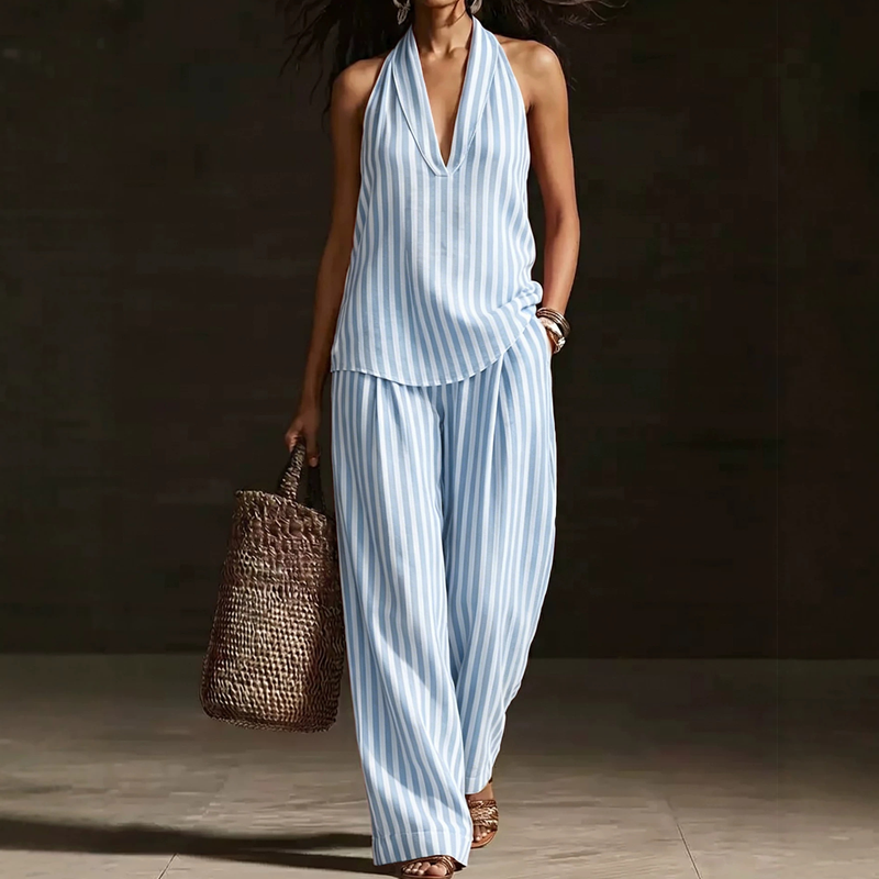 👗 NUR FÜR BEGRENZTE ZEIT: 40 % RABATT! ✨ Set aus gestreiftem Neckholder-Top und Hose – schick, luftig, perfekt für den Urlaub 🌊