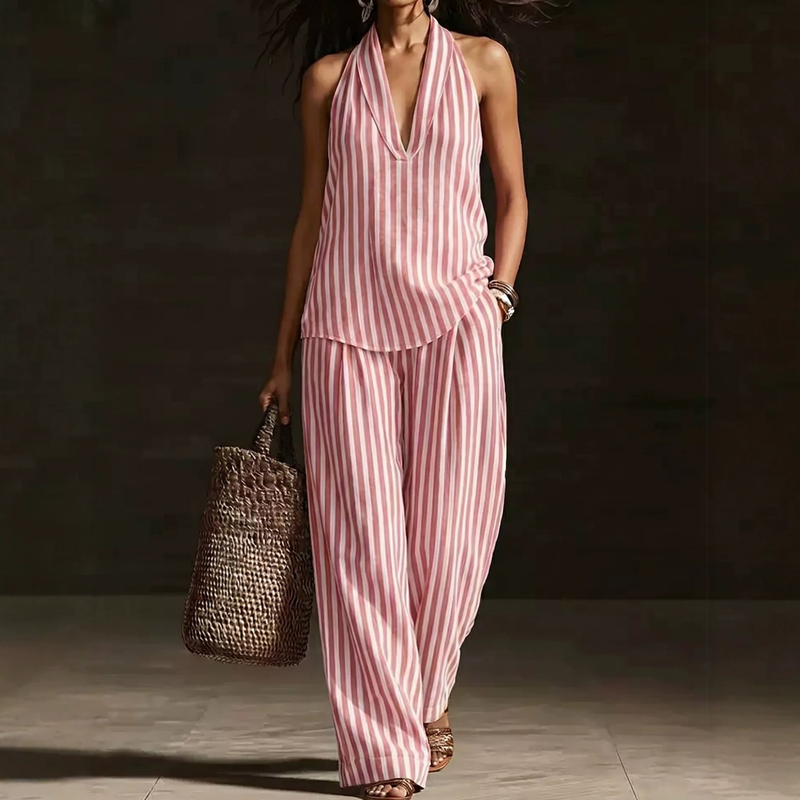 👗 NUR FÜR BEGRENZTE ZEIT: 40 % RABATT! ✨ Set aus gestreiftem Neckholder-Top und Hose – schick, luftig, perfekt für den Urlaub 🌊