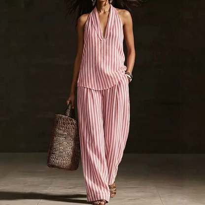 👗 NUR FÜR BEGRENZTE ZEIT: 40 % RABATT! ✨ Set aus gestreiftem Neckholder-Top und Hose – schick, luftig, perfekt für den Urlaub 🌊