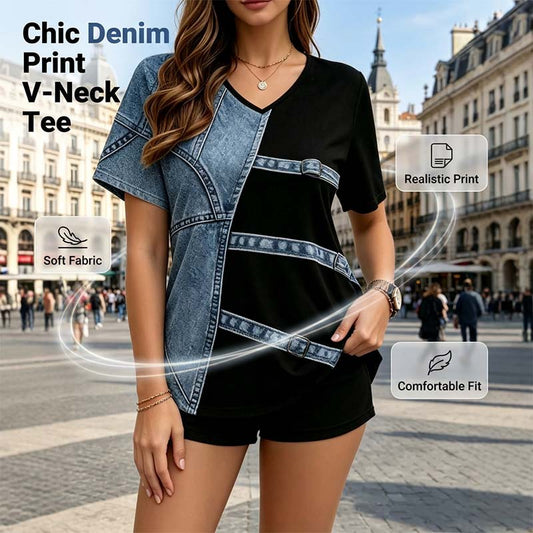 👕 Damen-T-Shirt mit V-Ausschnitt und schickem Denim-Print ✨