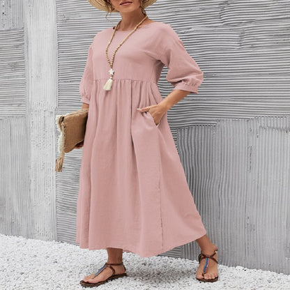 ⏰ Nur noch heute 50% Rabatt! 🌸 Damen Leinen-Baumwoll Maxikleid mit Ballonärmeln | Luftig locker geschnitten mit Seitentaschen, ideal für Sommer, Urlaub & Stadtbummel