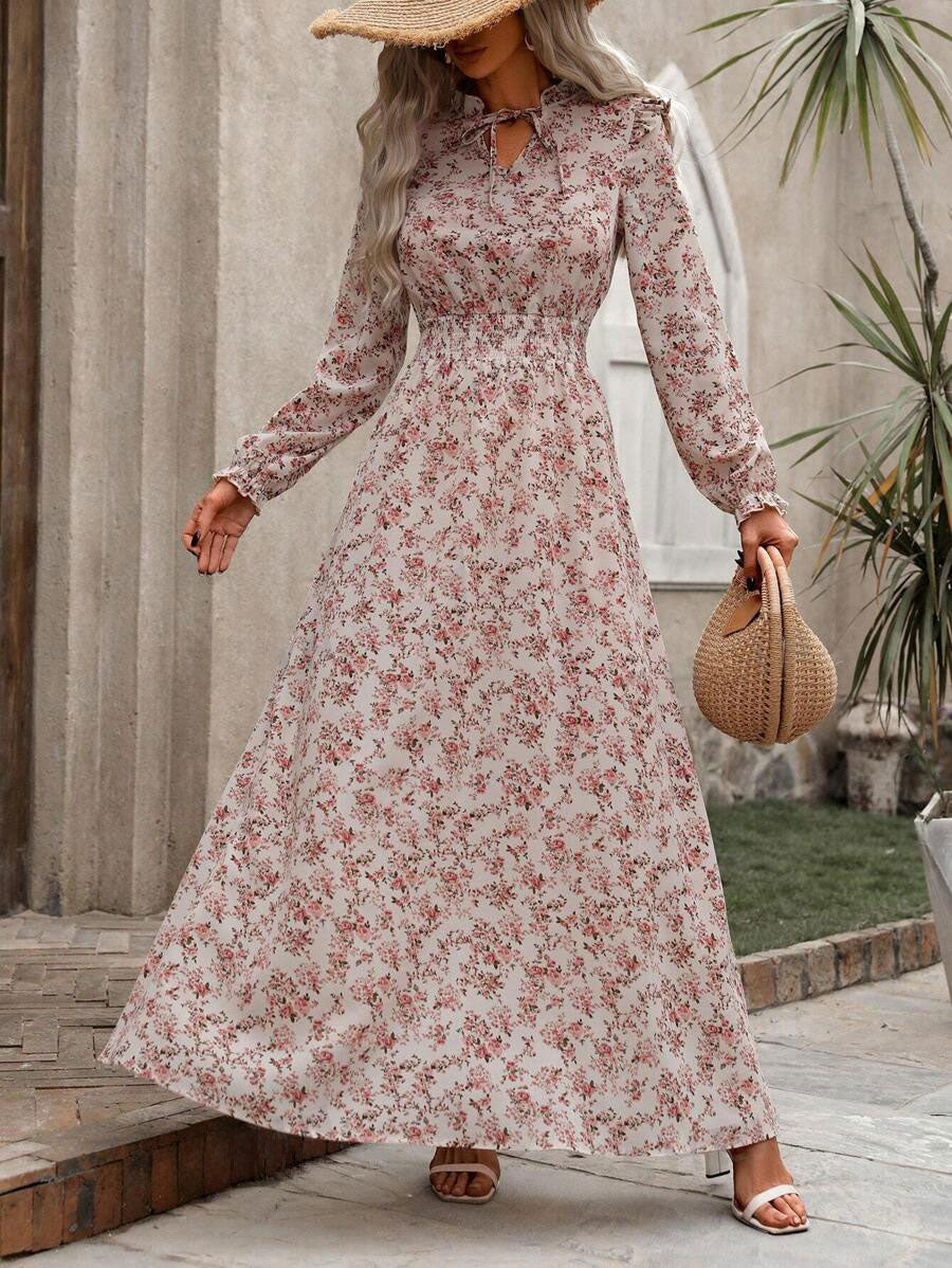 LUNE Damen Urlaubs-Stil Kleines Blumenmuster Tailliertes Maxi-Kleid
