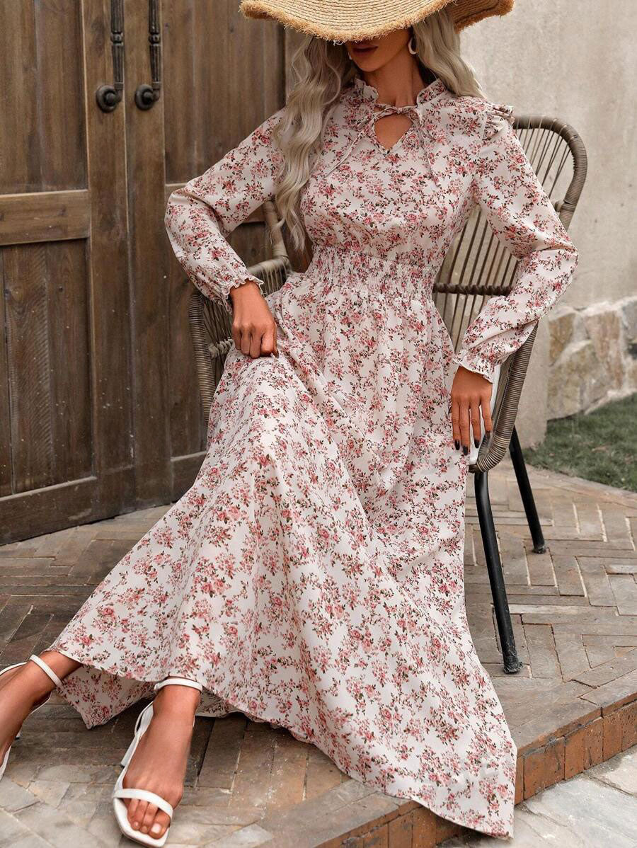 LUNE Damen Urlaubs-Stil Kleines Blumenmuster Tailliertes Maxi-Kleid