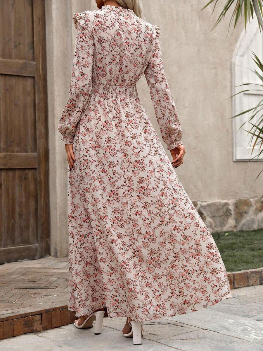 LUNE Damen Urlaubs-Stil Kleines Blumenmuster Tailliertes Maxi-Kleid