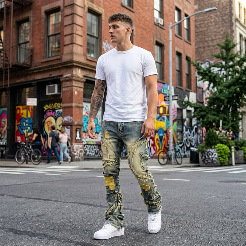 👖Klassische Stretch-Jeans mit ausgestelltem Bein für Herren – Vintage-Wash & Patchwork-Details – Hochwertige Denim, perfekt für Smart-Casual-Style – bequem und stilvoll 🔥