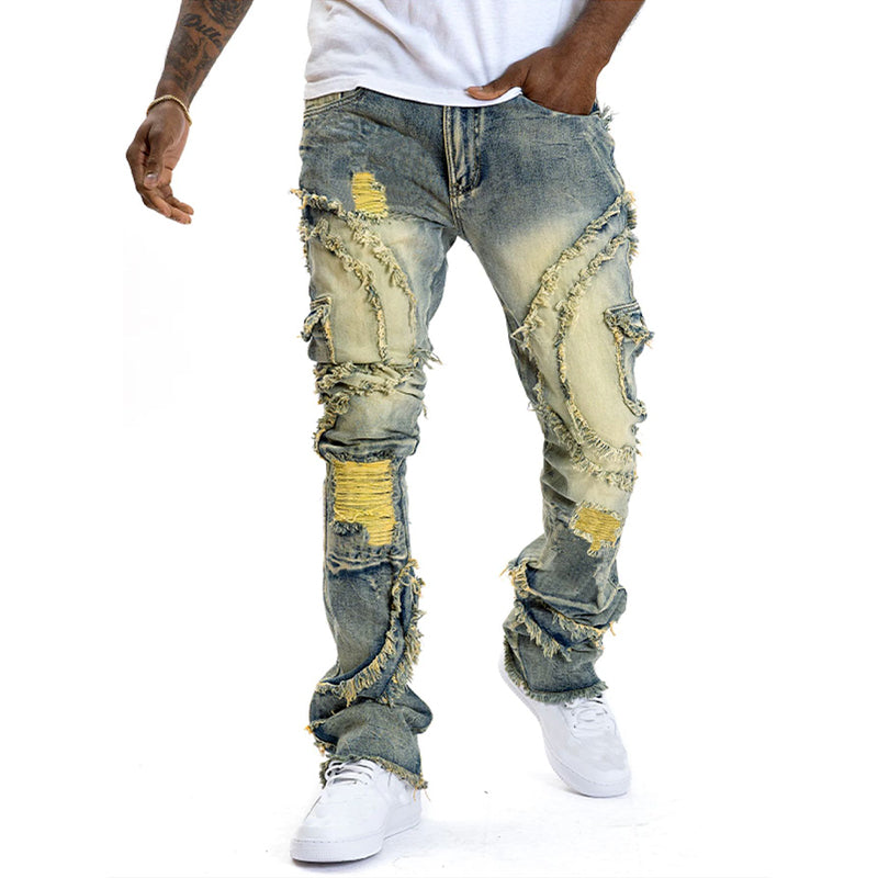 👖Klassische Stretch-Jeans mit ausgestelltem Bein für Herren – Vintage-Wash & Patchwork-Details – Hochwertige Denim, perfekt für Smart-Casual-Style – bequem und stilvoll 🔥