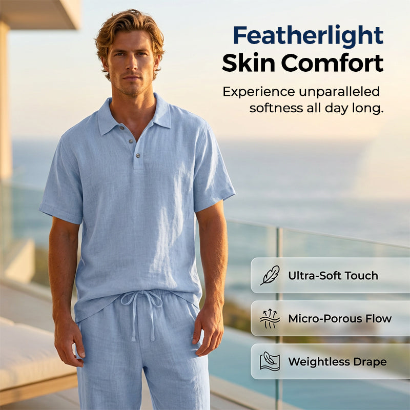 Herren Leinengemisch Hemd und Hose Set Locker Geschnitten Strandmode