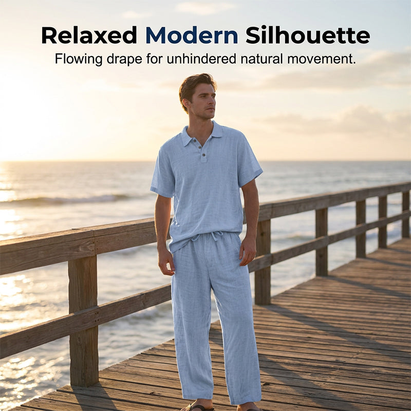 Herren Leinengemisch Hemd und Hose Set Locker Geschnitten Strandmode