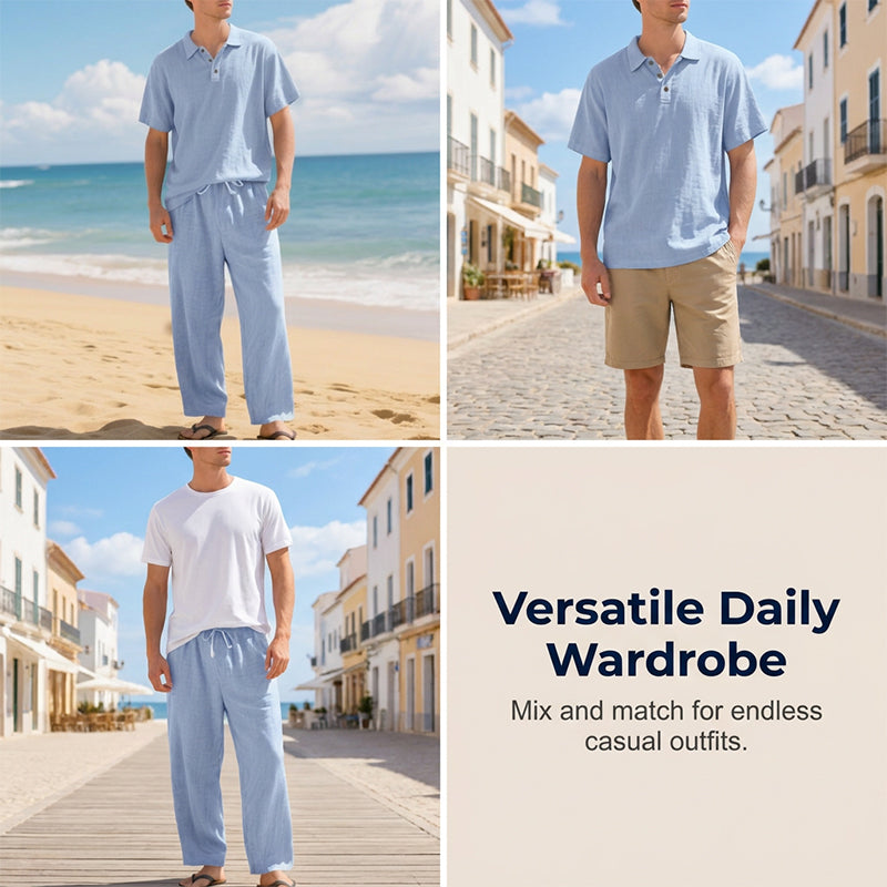 Herren Leinengemisch Hemd und Hose Set Locker Geschnitten Strandmode