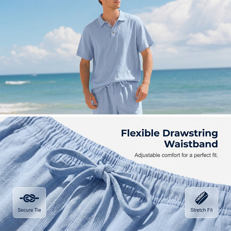 Herren Leinengemisch Hemd und Hose Set Locker Geschnitten Strandmode