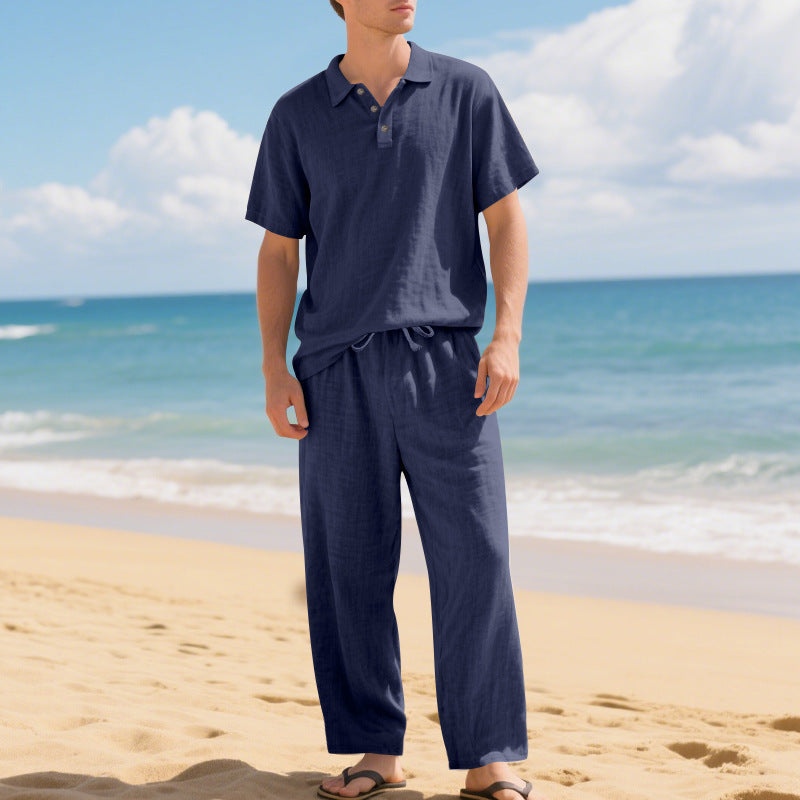 Herren Leinengemisch Hemd und Hose Set Locker Geschnitten Strandmode
