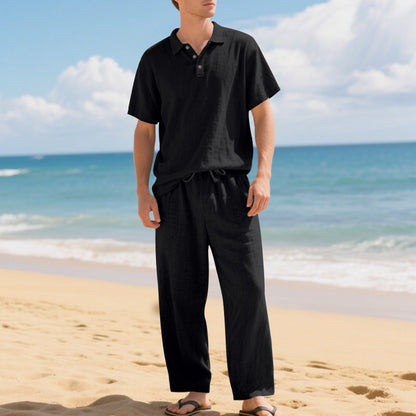 Herren Leinengemisch Hemd und Hose Set Locker Geschnitten Strandmode
