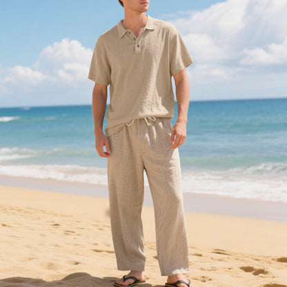 Herren Leinengemisch Hemd und Hose Set Locker Geschnitten Strandmode
