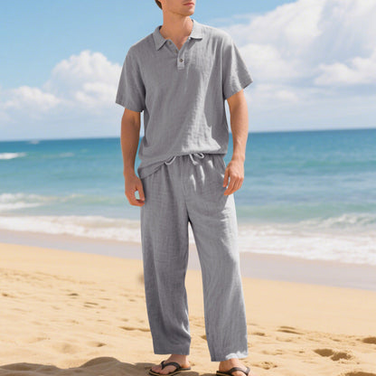 Herren Leinengemisch Hemd und Hose Set Locker Geschnitten Strandmode