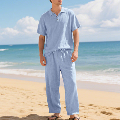 Herren Leinengemisch Hemd und Hose Set Locker Geschnitten Strandmode