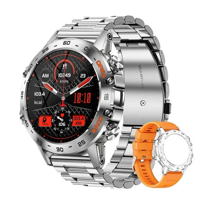 Herren Smartwatch im Militärstil mit 1100‑mAh‑Akku, 1,7‑Zoll‑AMOLED‑Display, LED‑Taschenlampe, IP68 wasserdicht, Fitnessuhr mit Telefonfunktion, über 110 Sportmodi, Herzfrequenz /Schlafüberwachung, kompatibel mit iOS und Android